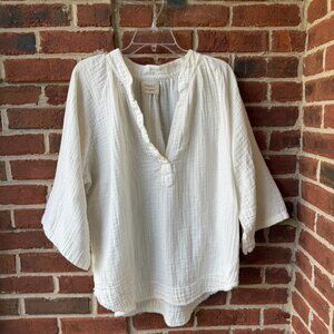 9 Seed Women's Marrakesh Dashiki Shirt Top Ivory Gauze Cotton V Neck Fray Trim S